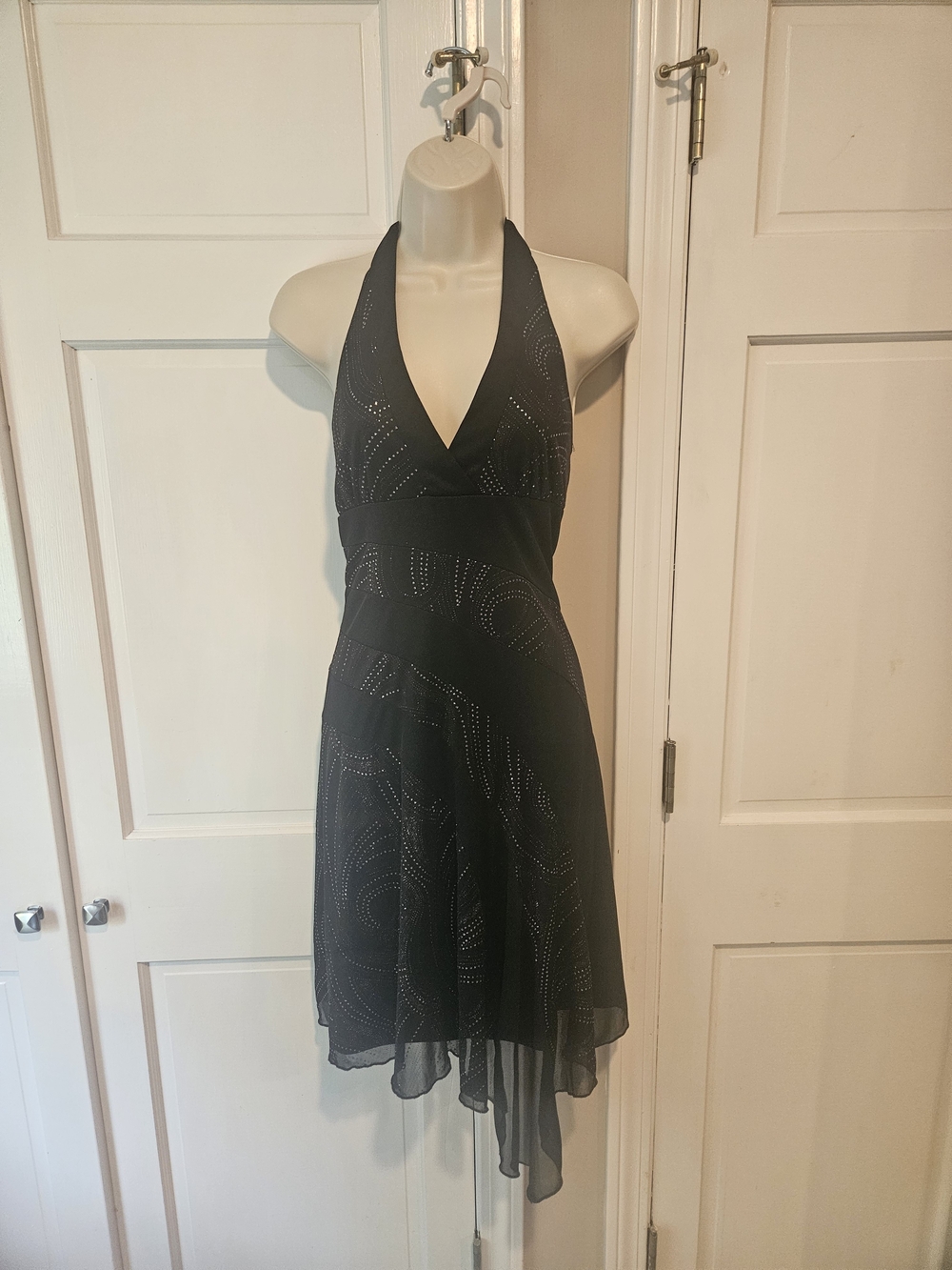 Black Halter V-Neck Women's Dress with Subtle Stud Detail